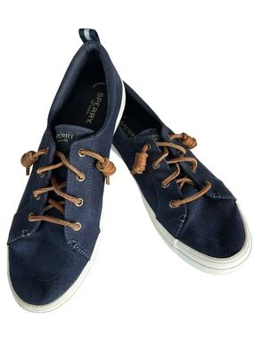Sperry Crest Vibe Navy Canvas Boat Shoes Brown Leather Laces Womens Size 11